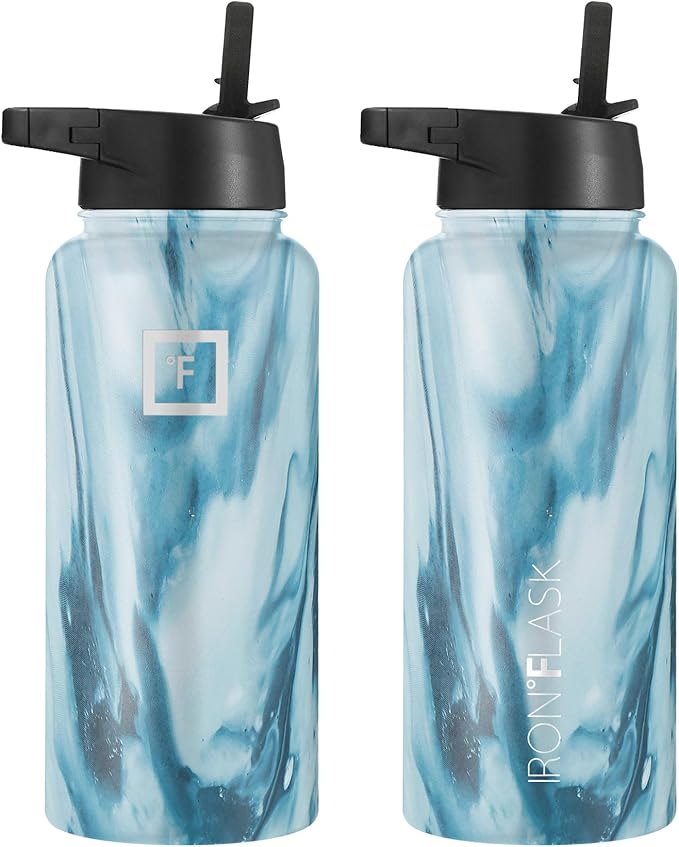 IRON °FLASK Camping & Hiking Hydration Flask, Wide Mouth, 3 Straw Lids, Stainless Steel Outdoor Water Bottle, Double Walled, Insulated Thermos, Metal Canteen - Ocean, 32 Oz