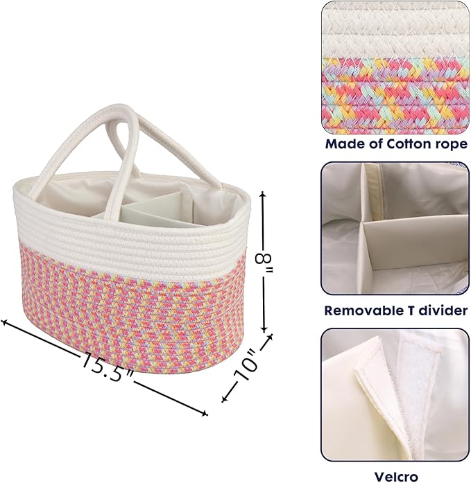 Large Baby Diaper Caddy Organizer for Girl Boy Rope Nursery Storage Bin Basket Portable Holder Tote Bag for Changing Table Car Travel Baby Shower Gifts Newborn Registry Must Haves