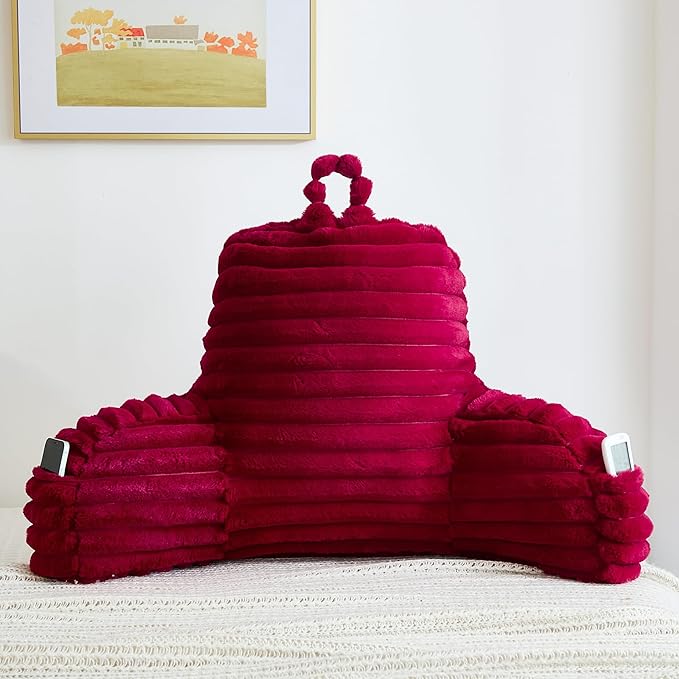 Faux Fur Fluffy Burgundy Reading Pillow with Pockets, Luxury Striped Plush Decorative, Arm Rests and Back Surport for Bed Rest, Lounging on Sofa, Standard