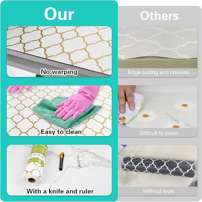 Shelf and Drawer Liner for Kitchen Cabinet-12 in x 10 FT Non-Adhesive Cabinet Liners for Shelves Non-Slip Waterproof Kitchen Drawer Liners Contact Paper Shelf Paper with Knife and Tape Measure