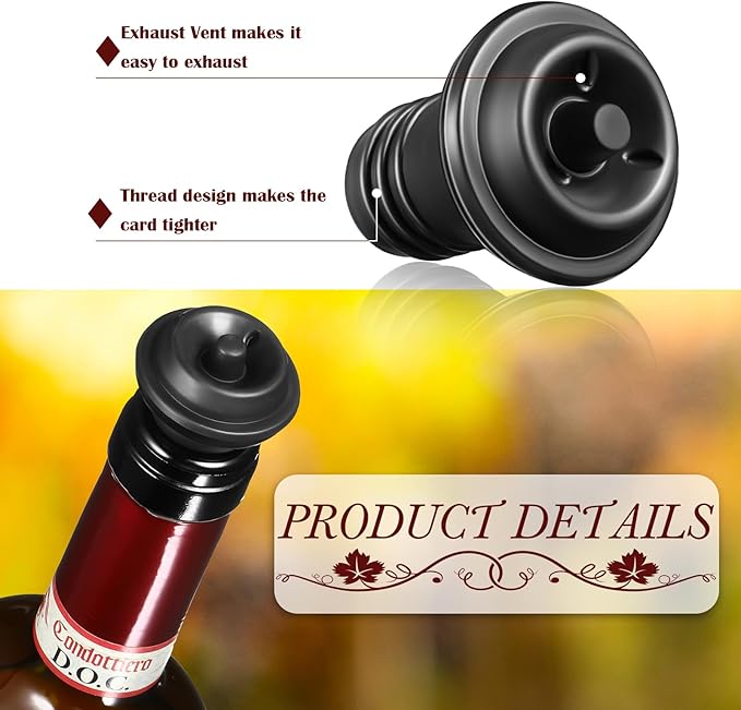 Honoson Wine Stopper Resealable Wine Pump Vacuum Stoppers Vacuum Wine Stopper Silicone Wine Saver Stoppers Practical Wine Saver Stoppers for Kitchen Supplies Wine Bottle Tools (Black,6 Pieces)