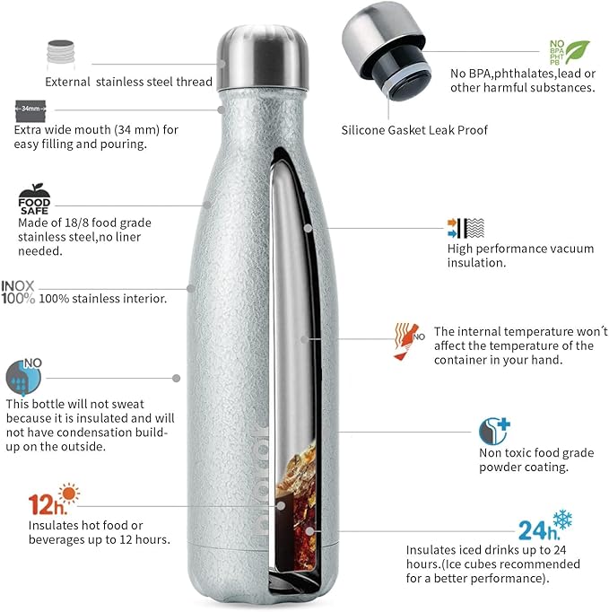 BJPKPK Insulated Water Bottles 17oz, Leak Proof Stainless Steel Water Bottle Keeps Cold for 24H and Hot for 12H, BPA Free Water Bottle,Silver