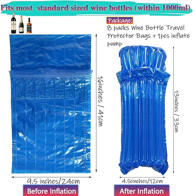Wine Travel Bags for wine Bottles Airplane,Blue Wine Protector for Luggage,8 Packs Reusable Inflatable Wine Shipping Sleeves