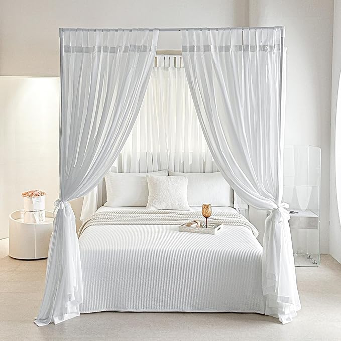 AIKASY Canopy Bed Board with Top and Self-Adhesive Velcro Strips, White Gauze Princess Bed Canopy Curtain Tent, Creating a Romantic Atmosphere in The Room(Full/Queen,White)