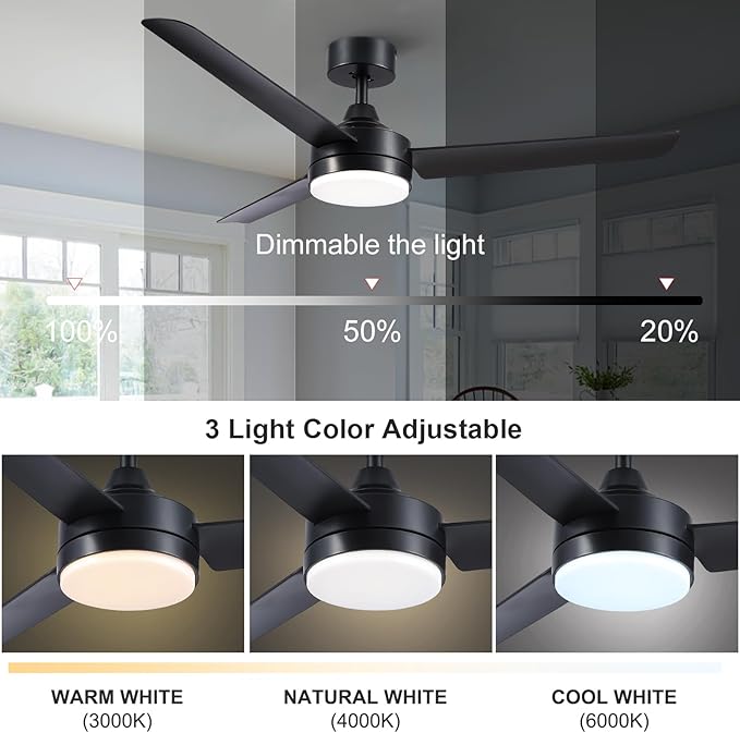 Black Ceiling Fans with Lights and Remote Control,Modern 52 Inch Ceiling Fans with Lights and 6-Speed Modes -Adjustable Dimming - DC Motor - Perfect for Living Room, Bedroom,Dining Room