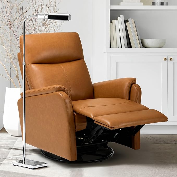 Swivel Rocking Recliner Glider Chair, Leather Reclining Rocker Chair with Footrest for Living Room, Nursery, Office, Bedroom, Ergonomic High Backrest, Wide Seat Cushion and Metal Base-Camel