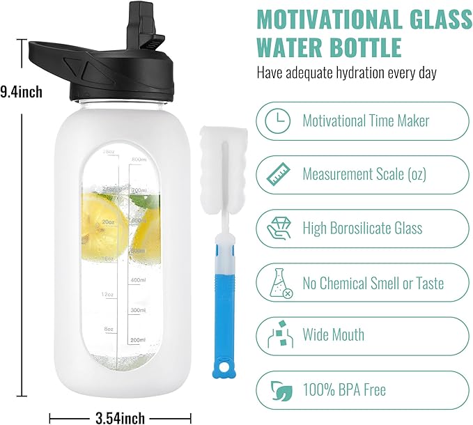 CIVAGO 32 oz Glass Water Bottle with Straw and Handle, Large Sports Motivational Water Bottle Flask with Time Marker and 2 Lids, Leakproof Water Jug Canteen with Silicone Sleeve for Gym White