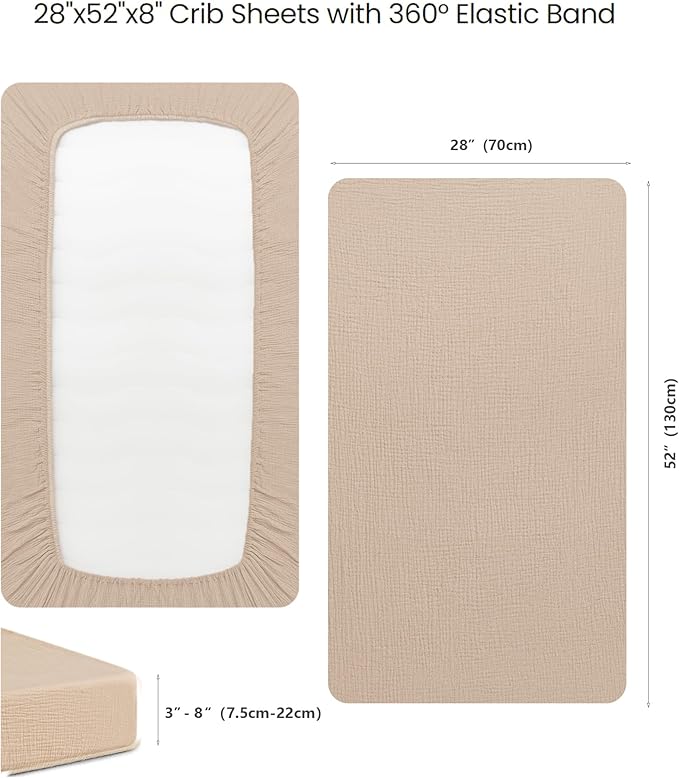 Konssy Muslin Fitted Crib Sheets 100% Cotton Baby Crib Sheets for Standard Crib Mattress (28 X 52 Inches), Soft and Breathable for Boys Girls (Wheat)