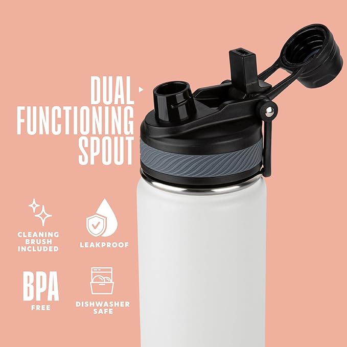 Insulated Water Bottle with Straw and Handle 22 oz-Stainless Steel Water Bottles with Straw, Dual Cap Function & Sleeve, Keeps Drinks Hot Up to 12 Hours & Cold Up to 24 Hours (White)