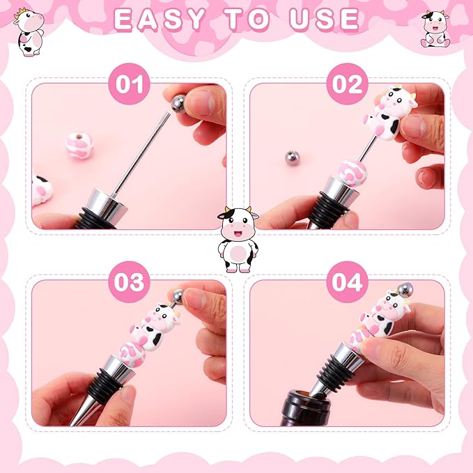 Gisafai 24 Set Cow Beadable Wine Stoppers Thank You Wedding Favors for Guests Decorative Beaded Wine Bottle Stopper with Cow Beads Organza Bag Tag for Wedding Cow Party Favor Baby Shower Gifts