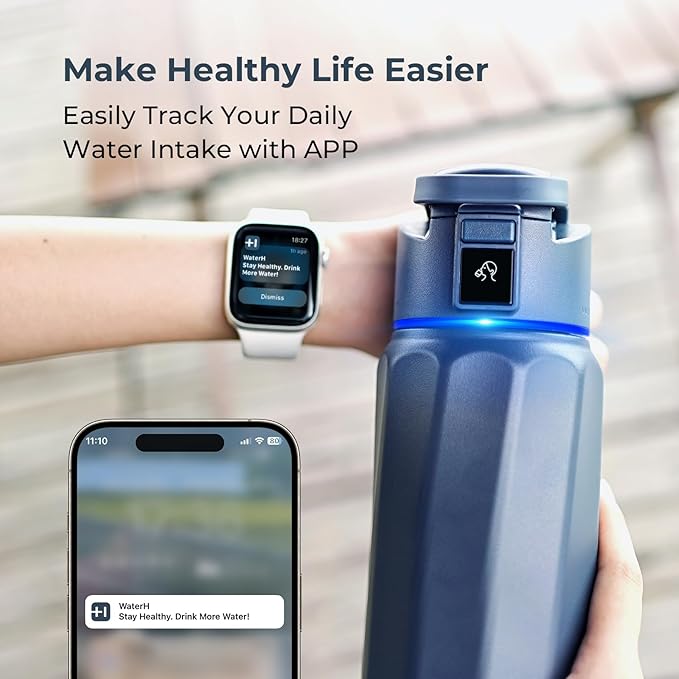 BOOST Smart Water Bottle with Reminder to Drink Water & Water Tracker Bottle - Double Wall Vacuum Insulated Water Bottle Stainless Steel, Wide Mouth 32 oz Water Bottles, Ideal for Gift - Blue