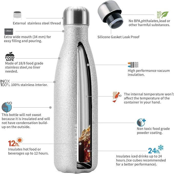 BJPKPK Insulated Water Bottles -17oz/500ml -Stainless Steel Water Bottles,Sports Water Bottles Keep Cold for 24 Hours and Hot for 12 Hours,BPA Free Water Bottle,Glitter Silver