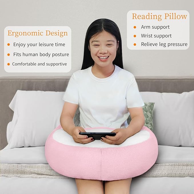 Reading Pillow Lap Pillow for Reading Gaming Pillow for Arms Crochet Pillow Provides Wrist & Elbow Support Suitable for Reading Gaming Working While Sitting on The Bed Floor or Sofa (Pink)