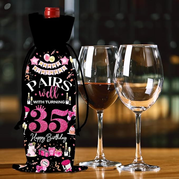 35th Birthday Gifts for Women Men Wine Bags, 35 Year Old Birthday Gifts for Women Men, Happy 35th Birthday Party Decorations for Women Men, Pairs Well with Turning 35 Wine Bags (Black Pink)