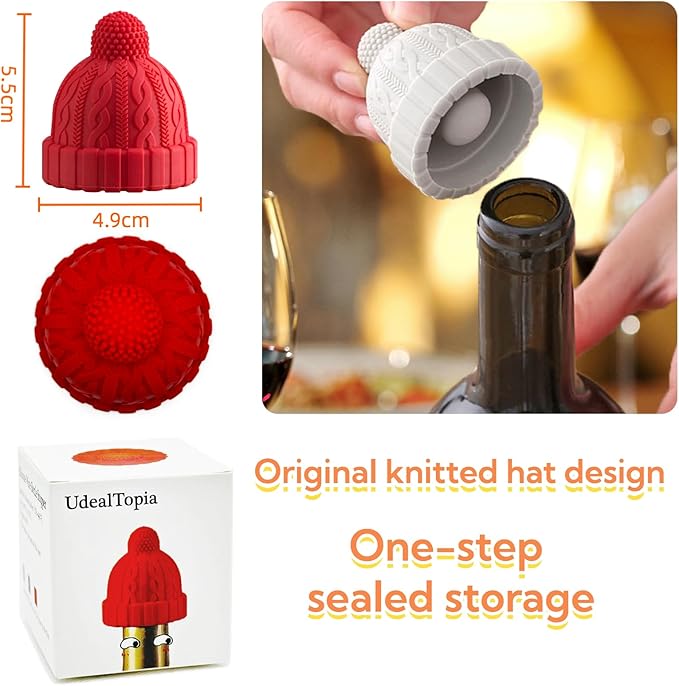 Silicone Wine Bottle Stopper, Reusable Wine Saver to Keep Wine Sealed/Fresh, Fun Wine Stoppers with Knitted Hat Design, Great Choices for Wine Lovers - Standard Bottles Are Applicable(Blue)