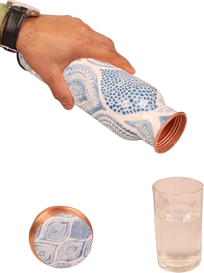 Pure Copper Water Bottle - Handcrafted - Ayurveda health benefits - Large 35 oz - Leak proof - Easy to carry for Sports, Fitness, Yoga, School - Sky Blue Artistic Patterns Enamel