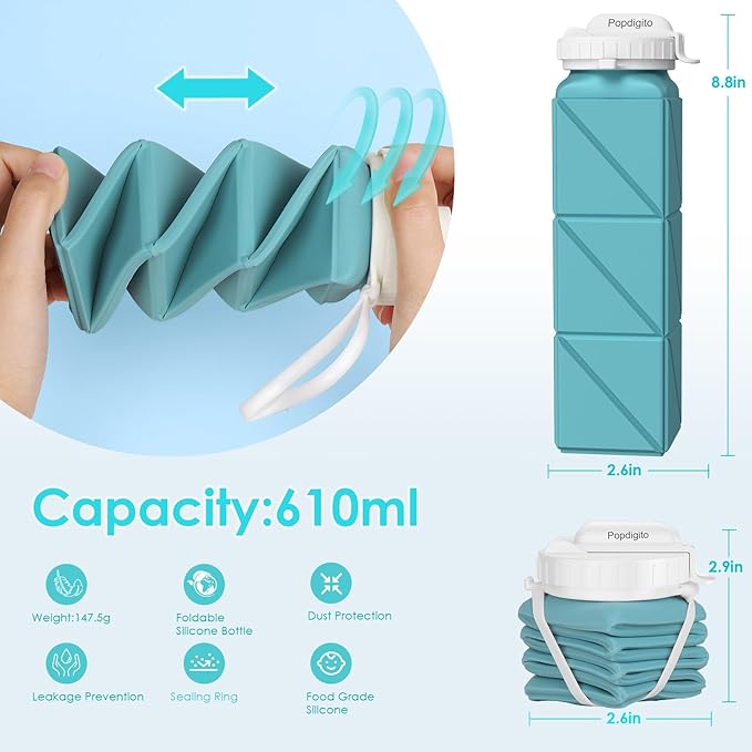 Collapsible Water Bottles 20.7oz Leakproof with Straw Lid Food-Grade BPA-Free Silicone Travel Foldable Water Bottles for Sports Office Gym Hiking Driving 610ML (Type2 Navy Blue+Green)