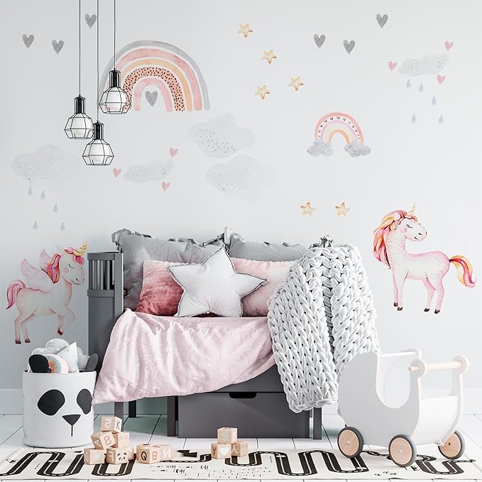Rainbow Wall Decals by Lipastick - Rainbow Wall Stickers - Unicorn Wall Decals for Kids Bedroom Room Nursery – Kids Wall Stickers Cloud Stars Ponies - Waterproof Wall Art Décor S Size