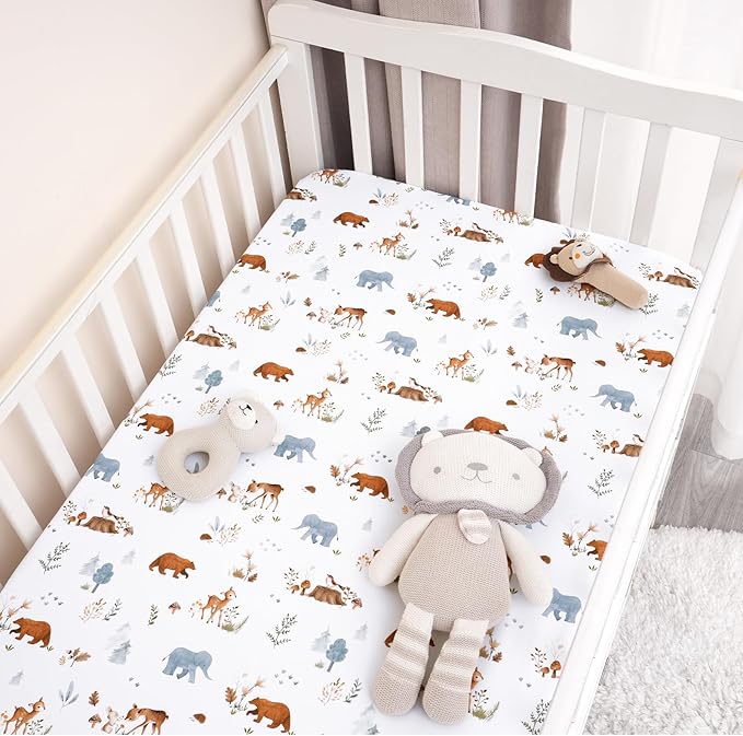 PHF Soft Crib Sheet Fitted, 2 Pack Baby Sheets for Boys Girls, 28x52x9in Fits Standard Crib and Toddler Mattresses, Silky Comfy Breathable Polyester Baby Mattress Sheets, Woodland