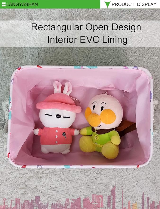 LANGYASHAN Rectangular Storage Bin Collapse Canvas Fabric Cartoon Storage Basket with Handles for Organizing Home Kitchen Boys and Girls Toys Office Closet Shelf Baskets(Rec Pink Dancing Unicorn)