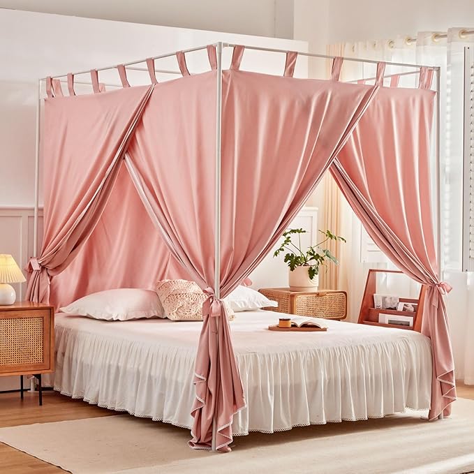 AIKASY Bean Paste Canopy Bed Curtains with Top Ties and Tie Backs for Bedroom Decoration - Queen Size Bed Curtains with Windproof and Lightproof Features