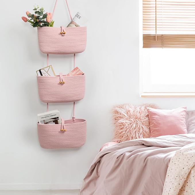 TeoKJ Over the Door Hanging Baskets with Button Strap, 3-Tier Woven Cotton Storage Organizer Bag, Wall-Mounted with Hook Decorative Hanging Nursery Baskets - Pink