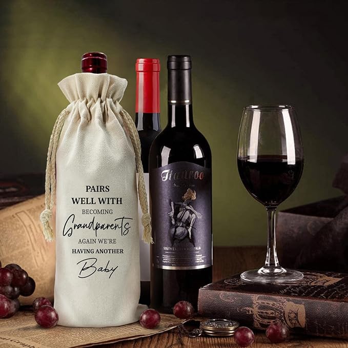 ZHANTUONE,Gift for Being Grandparents Again Ideas Wine Bag,Funny Pregnancy Announcement Wine Bag,Drawstring Polyester Cotton Cloth Wine Bag,Gifts for Grandparents,New Baby Gift,13IN