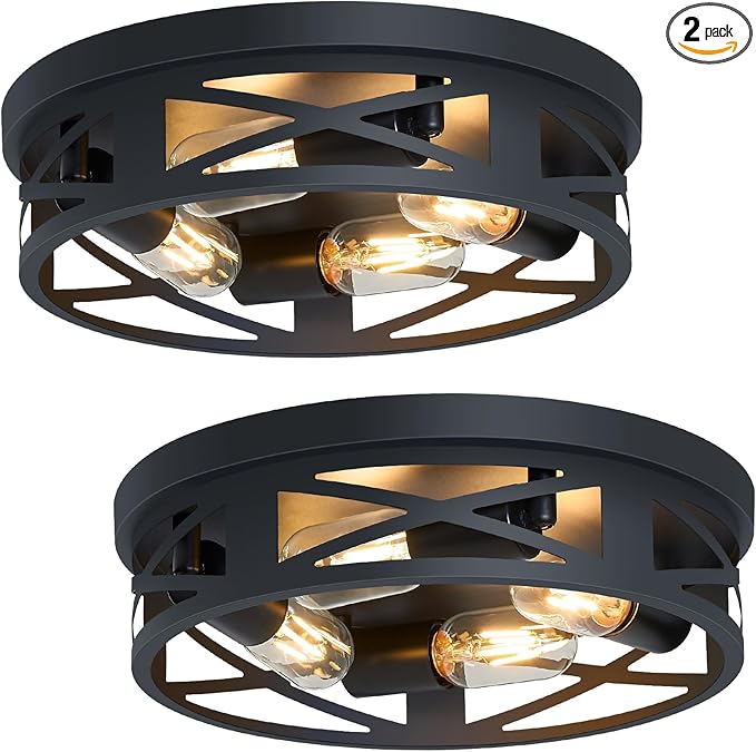 Flush Mount Ceiling Light Fixture,14 inch 4-Light Ceiling Light Fixture for Hallway, Black Hallway Light Fixtures Ceiling,Light Fixtures Ceiling Mount for Kitchen,Farmhouse,Hall (2 Pack)