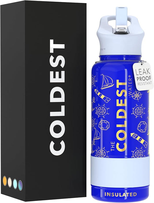 Coldest Sports Water Bottle with Straw Lid Vacuum Insulated Stainless Steel Metal Thermos Bottles Reusable Leak Proof Flask for Sports Gym (Captain Blue, 32 oz)