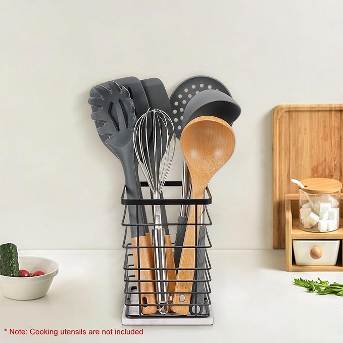 Square Kitchen Utensil Holder, Sturdy Metal Rack for Countertop Storage, Cooking Tools Organizer with Drainage Hole, Stylish Utensil Caddy for Effortless Kitchen Organization, with Marble Base