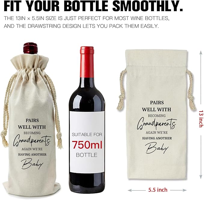 ZHANTUONE,Gift for Being Grandparents Again Ideas Wine Bag,Funny Pregnancy Announcement Wine Bag,Drawstring Polyester Cotton Cloth Wine Bag,Gifts for Grandparents,New Baby Gift,13IN