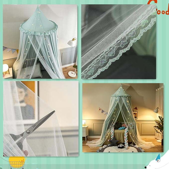 VETHIN Bed Canopy for Kids with Lights,Double Layer Princess Round Dome Children Dreamy Mosquito Net Bedding Girls Room Castle Play Tent Hanging House Decor Reading Nook Canopies(Green/White)