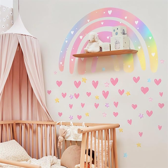 Pink Rainbow Love Heart Stars Wall Sticker Wall Stickers, sacinora Large Dazzle Art DIY Wall Decals Removable Vinyl Peel and Stick for Kids Baby Nursery Bedroom Playroom Kindergarten Home Decorations
