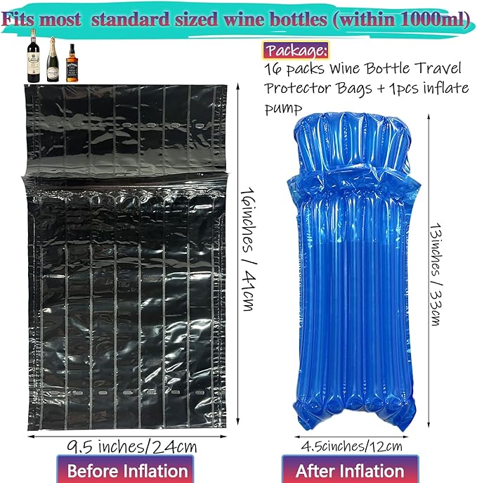 Wine Travel Bags for Wine Bottles,16 Packs Inflatable Wine Protector Bags for Travel,Reusable Bottle Shipping Protector
