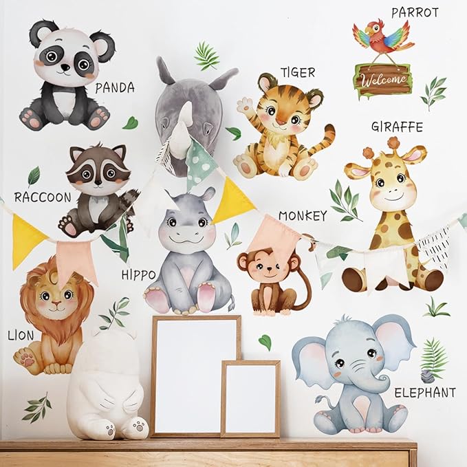 Baby Animal Wall Stickers Panda Lion Giraffe Wall Decals Premium Vinyl Jungle Animal Wall Decals for Nursery Living Room TV Sofa Background Bedroom Kids Room