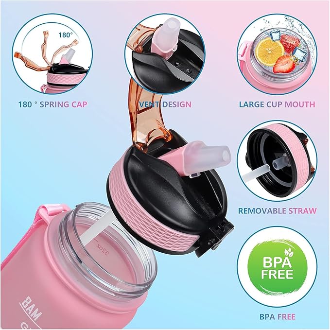 Nana 32 oz Water Bottle with Times Marker to Drink and Straw, Carrying Strap, Leakproof Tritan BPA-Free, Ensure You Drink Enough Water for Fitness, Gym, Camping, Outdoor Sports