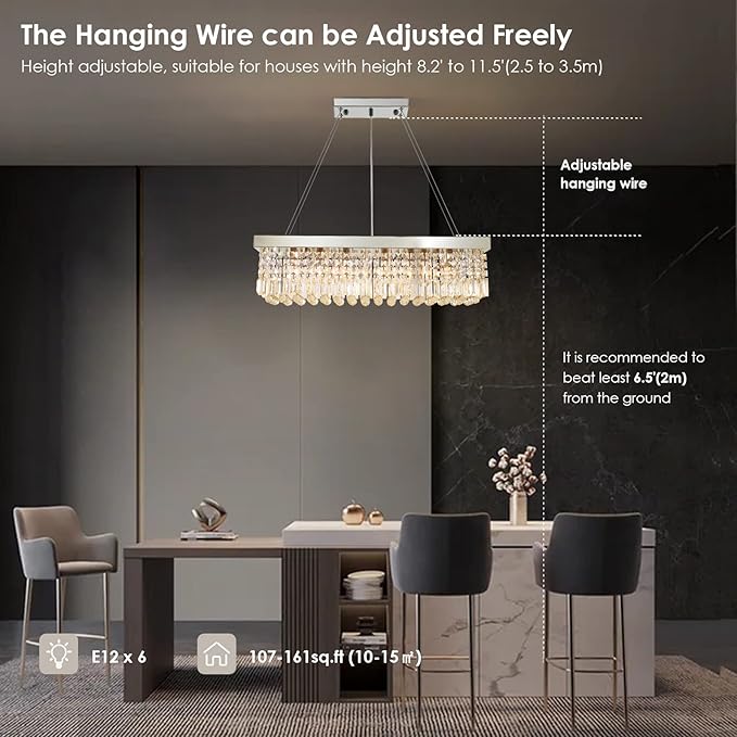 Siljoy 6-Light Modern Crystal Chandelier for Dining Room, Rectangular K9 Crystal Raindrop Chandelier, Rectangle Pendant Ceiling Light Fixture for Living Room Kitchen Island L31.5'' x W10'' x H10''