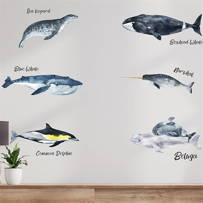 Removable Vinyl Whale Wall Decal Sea Life Wall Sticker Decor Nursery Kidsroom School Classroom Livingroom Bedroom Bathroom Coastal Ocean Fish Murals Decals