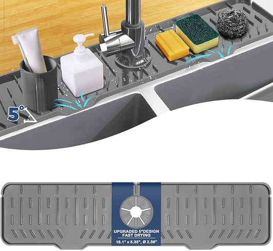 Kitchen Sink Faucet Splash Guard XXL Silicone Sink Faucet Drying Mat Faucet Handle Drip Catcher Tray, Dish Sponge Holder Kitchen Sink Accessories Protector Home Kitchen Organization Gadgets Organizer