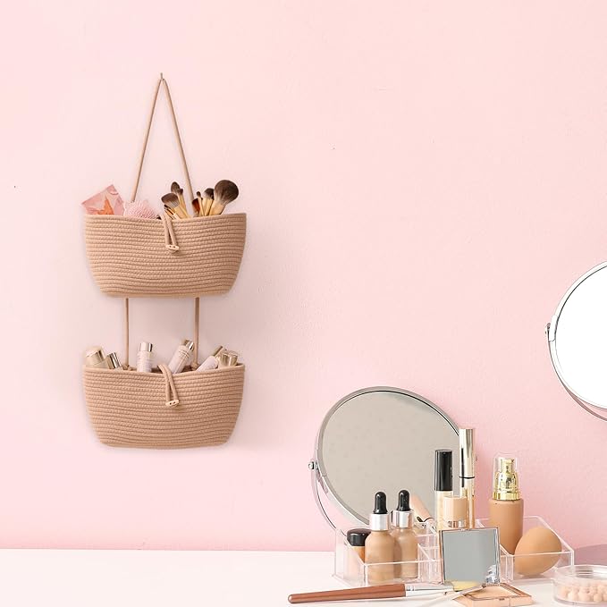 TeoKJ 3-Tier Cotton Rope Baskets with Button Strap Over the Door Wall Hanging Baskets for Nursery, Living Room, Bathroom, Door Storage Organizer for Decoration-Jute