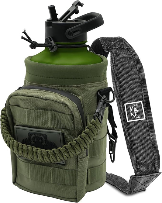 NATURE PIONEOR Tactical Water Bottle with Carrying Molle Sleeve, Stainless Steel 18/8 Food Grade Half Gallon Jug