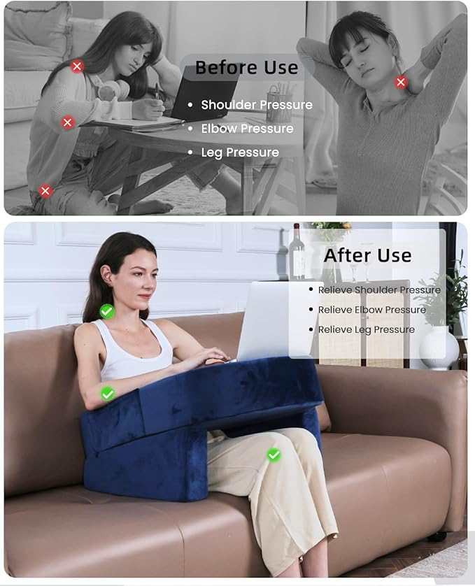 Weighted Idea Reading Pillow for Gaming, Extra Large Arm Rest Pillow for Adult,Lap Desk Pillow Gaming Pillow with 2 Side Pockets for Gaming, Reading, Working Sitting in Bed Floor Sofa (Blue)