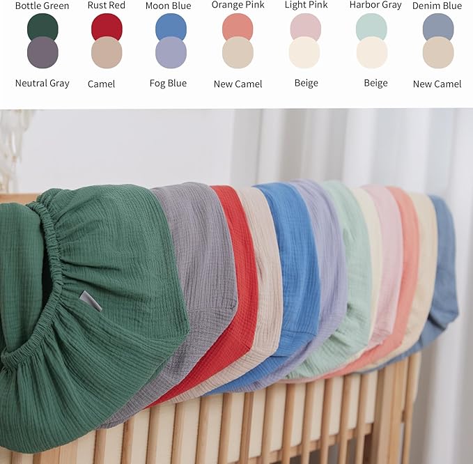 Muslin Crib Sheets for Boys Girls Rutiwa Organic Cotton Crib Sheets Neutral 2 Pack Breathable Baby Mattress Sheets Fit Standard Crib & Toddler Bed Mattress 28"x52"(Denim Blue/New Camel)