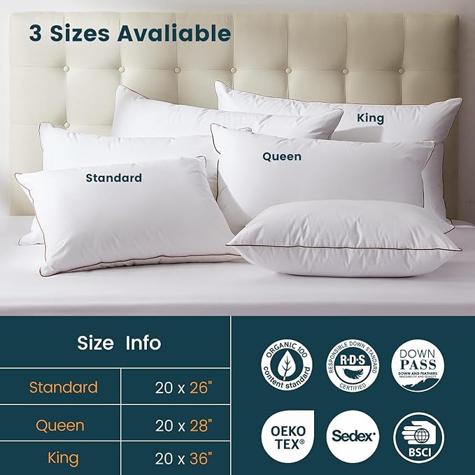 Hungarian Goose Down Pillow Standard Size, Ultimate Comfort 750+ Fill Power, 480 Thread Count 100% Cotton Shell, Luxury Bed Pillow for Sleeping - Standard (20" x 26")