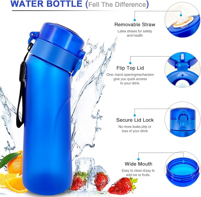Air Water Bottle with Flavor Pods, 750ML Scent Water Cup with Flavor Pods Box,0% Sugar Fragrance Water Bottle Suitable for Outdoor Sports (Blue+1pods)