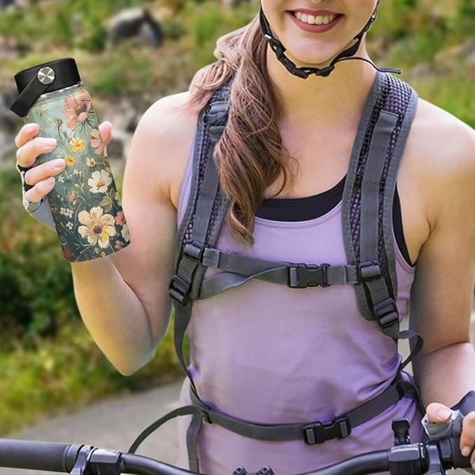 Floral Print Insulated Water Bottle for Women Stainless Steel Sports Water Flask Cup Portable Handle Hot and Cold Water Bottle, 18 Oz