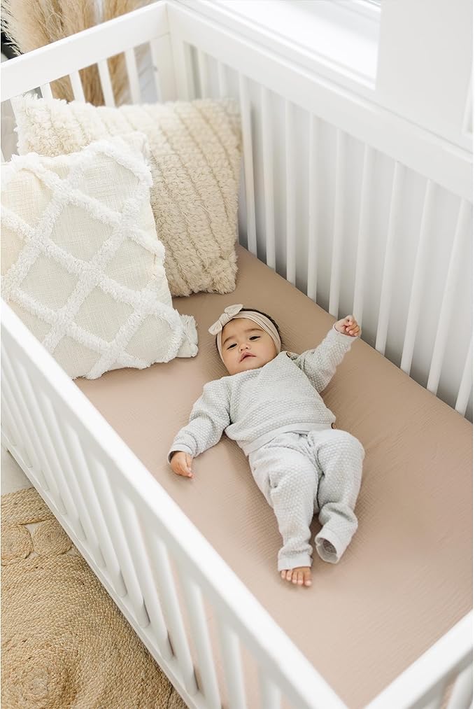 Konssy Muslin Fitted Crib Sheets 100% Cotton Baby Crib Sheets for Standard Crib Mattress (28 X 52 Inches), Soft and Breathable for Boys Girls (Wheat)