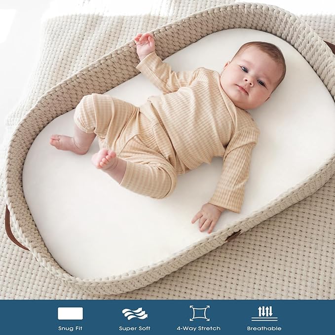 GRSSDER Stretchy Ultra Soft Fitted Bassinet Sheet 2 Pack, Universal Fit for Bassinets Baby Cradle Moses Basket Oval Rectangle Mattress Safe and Snug, Jersey Bassinet Sheets for Girls, Cream/White