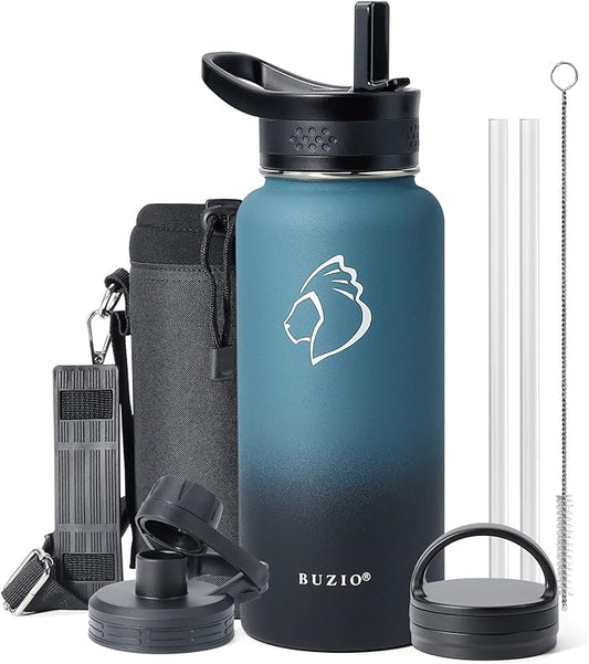 BUZIO Water Bottle with Straw lid, Spout Lid, Hand Lid and Carrying Pouch, 32oz 40oz 64oz Stainless Steel Water Flask Jug, Cold for 48 Hrs Hot for 24 Hrs Double Vacuum Thermo Canteen Mug, BPA-Free