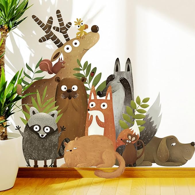 Jungle Animals Wall Decals Woodland Animal Wall Sticker Elk Dog Squirrel Civet Cat Wall Stickers Kids Room Baby Nursery Bedroom Door Wall Decor
